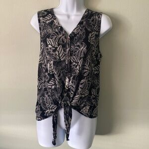 Rachel Zoe 100% Linen Leaf Design Sleeveless Tie Waist Shirt